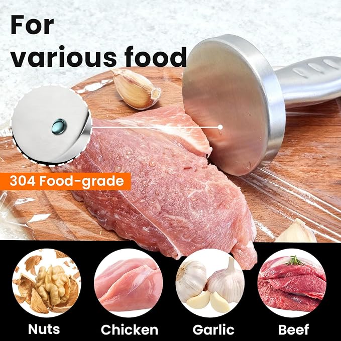 304 Stainless Steel Meat Pounder Tenderizer, Flat Chicken Breast Pounder with Non-Slip Textured Handle, 3.3" Round Meat Flattener for Steak, Chicken, Pork, Dishwasher Safe