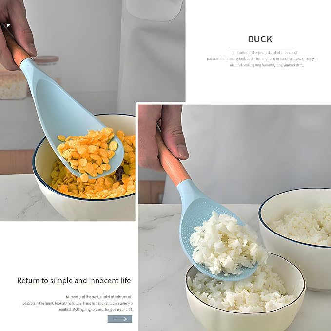 Spatula Spoon and Rice Spoons with Wooden Handle, Food Grade Silicone Great for Cooking, Mixing, Scooper, Scrape, Non stick Heat Resistant (white, Rice set 1 pcs)