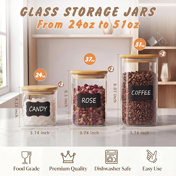 24/ 37/ 51 Oz Glass Jars - 6 Pack Food Storage Containers with Lids Square | Food-grade durable clear canister, Bamboo seal cover, Stackable, BPA-Free, for sorting oats, Coffee beans, Snacks & More