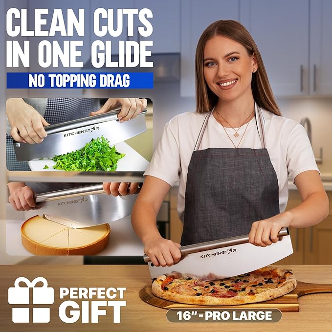 16-Inch Pizza Cutter Rocker Blade, 304 Stainless Steel Slicer Knife, Silver | Protective cover included, dishwasher safe, one-piece design, food-grade stainless steel, suitable for large pizzas