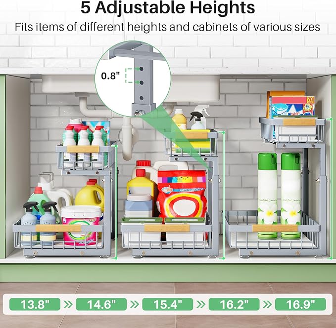 Kitstorack Under Sink Organizer, 2 Tier Under the Sink Storage, Slide out Pull out Cabinet Organizer Shelf, Metal Sliding Drawer for Kitchen Bathroom Pantry Closet Organization Rack, Grey, 2 Pack