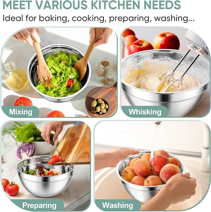 TeamFar Mixing Bowls, 3PCS Stainless Steel Serving Salad Bowls with Lids & 3 Graters, For Kitchen Mixing/Baking/Storing/Prepping, Visible & Airtight, Easy Clean - 4.5/3 / 1.5 QT, Black