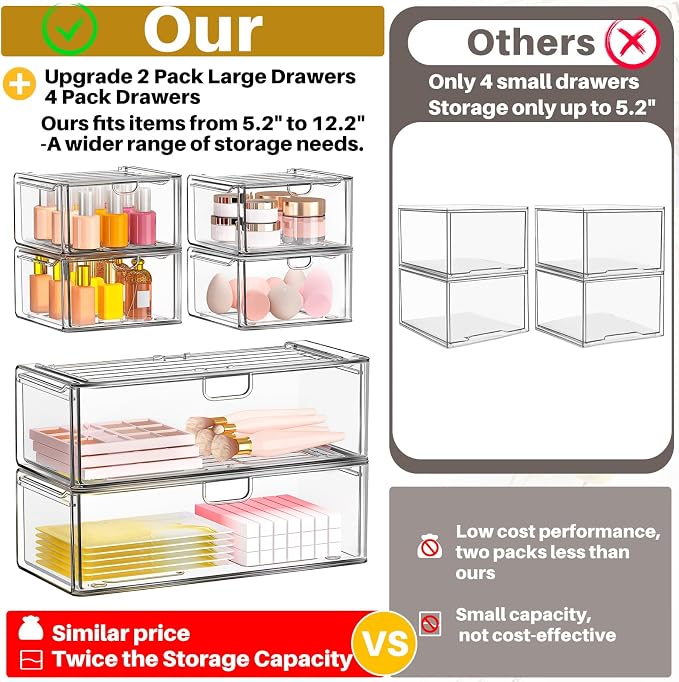 6-Pack Acrylic Stackable Storage Drawers for Vanity, Desk, Bath | 2 large & wide 13" drawers, Smooth-glide, stackable, clear body, dustproof, wipe clean, for makeup, pantry jars, under sink