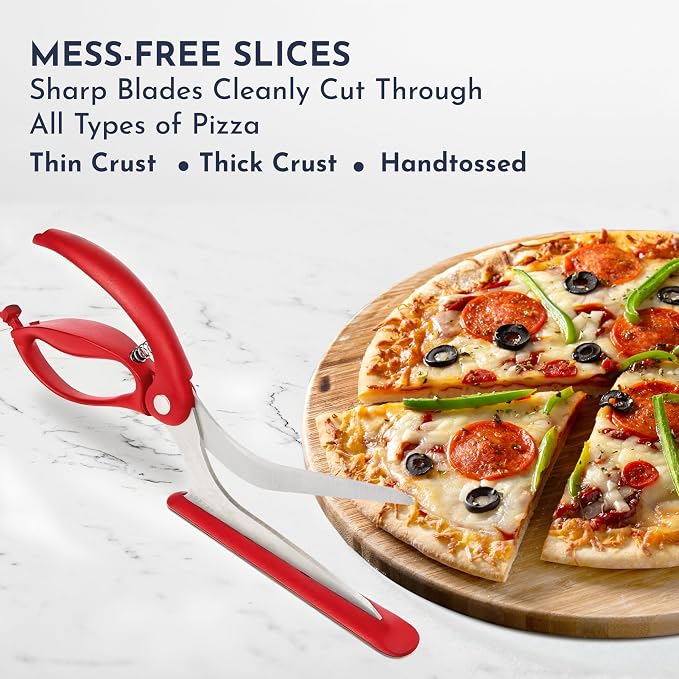 Pizza Scissors - Non-Stick Pizza Scissors with Firm Grip Base - Food Grade Stainless Steel Pizza Cutter - 5-in-1 Food Slicer & Pizza Server - Durable, Safe & Mess Free - Red