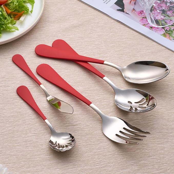 10 Pieces Red Serving Set, 18/0 Stainless Steel Hostess Set, Slotted Serving Spoon, Salad Spoon/Fork, Butter Knife, Two Color Combinations Set, Dishwasher Safe