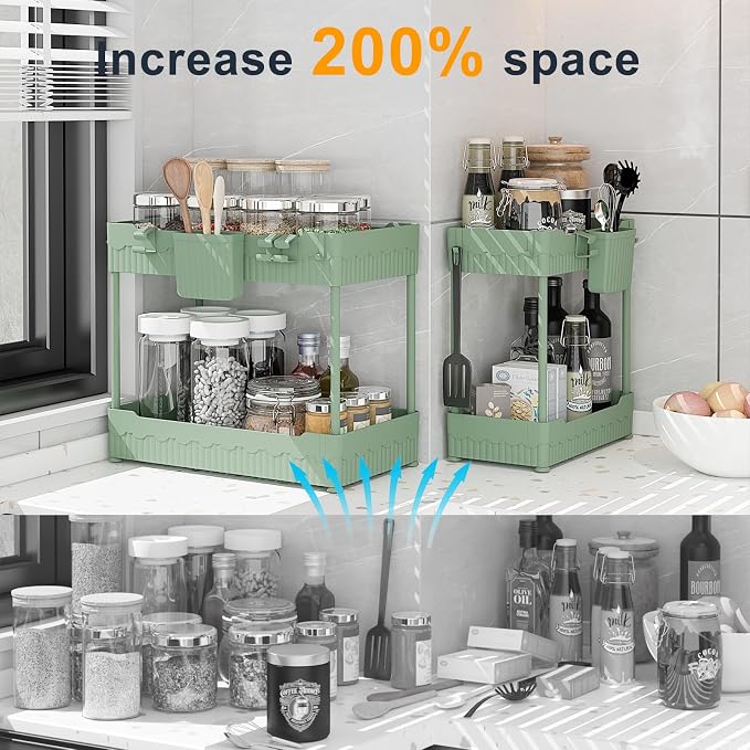 2-Pack Under Sink Organizer with Hooks & Hanging Cup for Kitchen | Multi-use kitchen & bathroom storage, 14.8 inch green cabinet organizer, with hooks and hanging cup for easy access.