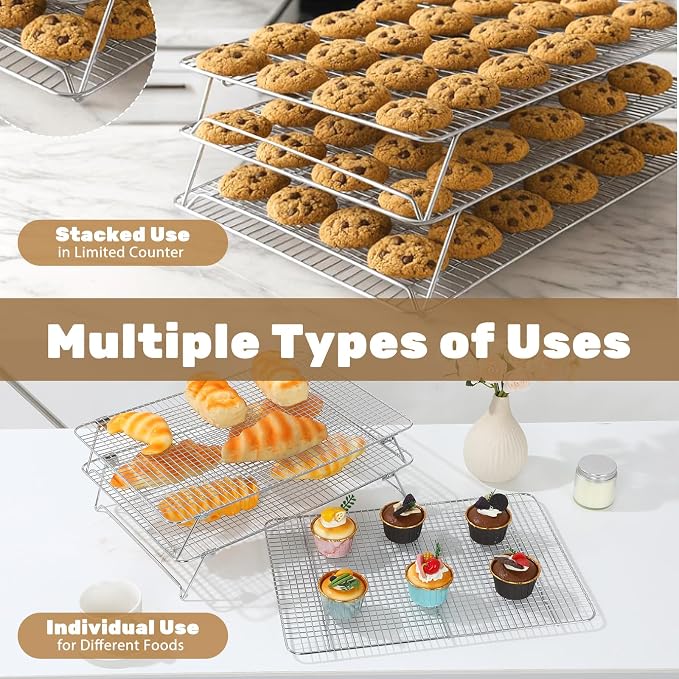Stainless Steel Stackable Cooling Rack for Baking, 3-Tier Cooling Rack Set, Stackable Heavy Duty Stainless Steel Wire Racks, for Baking Cooking Grilling, Oven & Dishwasher Safe, 12”x 16.5”, Silver
