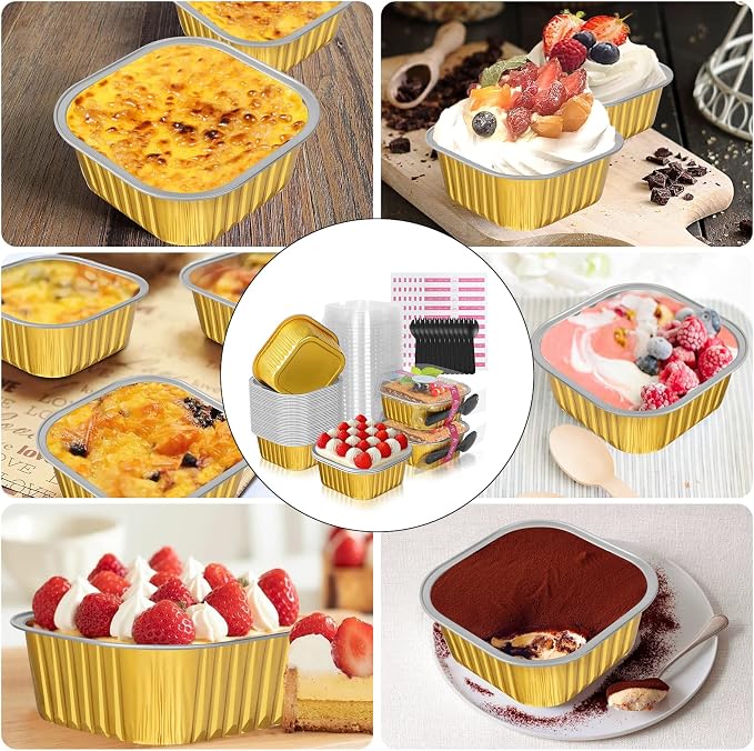 10oz Mini Cake Pans with Lids, 40 Pack Aluminum Foil Brownie Pans,Disposable Ramekins Muffin Tins,Square Baking Pans Cupcake Cups,Individual Dessert Containers Flans for Brownie - Gold