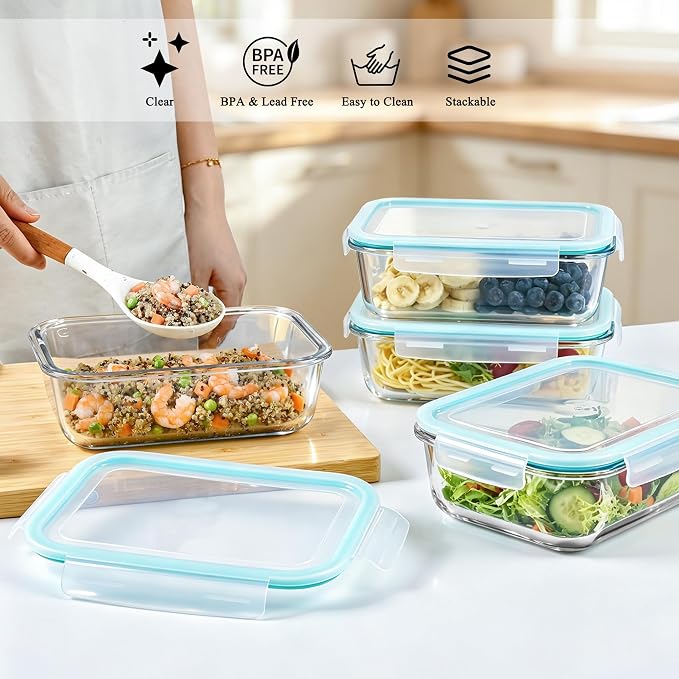 GEHE 4 Pack 52oz Glass Food Storage Containers with Lids, Large Glass Storage Containers with Airtight Lids, Meal Prep Container for Storing & Serving, Leak Proof, BPA Free, Microwave/Oven Safe