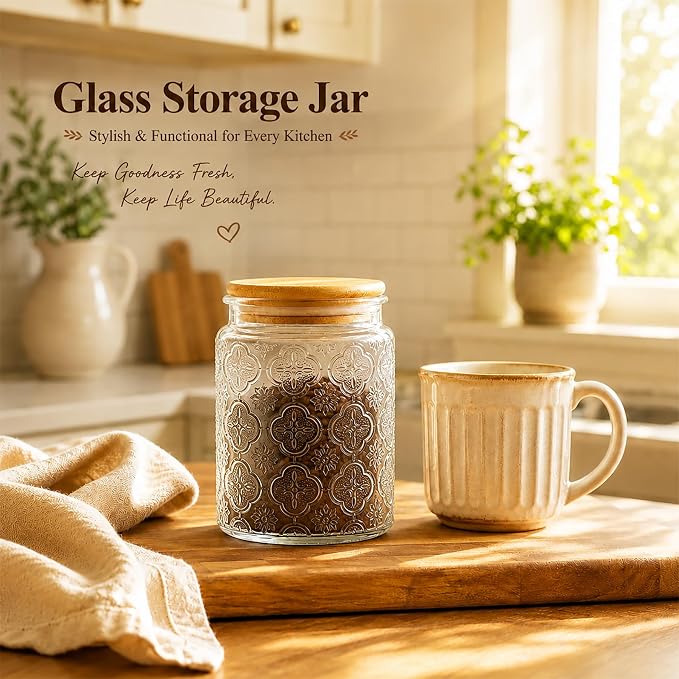 Glass Storage Jars With Airtight Lid, 23.7oz Canister For Kitchen Counter with Bamboo Lid, brown sugar, candy, coffee, cookie, salt, tea,pantry cute Jar (Begonia Flowers*1)