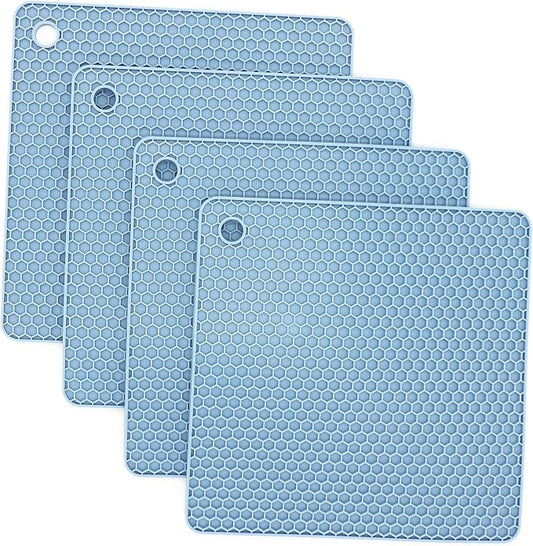 Silicone Trivets for Hot Dishes, Pots and Pans, Hot Pads for Kitchen, Blue Silicone Pot Holders Mats for Kitchen Quartz Counter Heat Resistant Mat, Flexible Table Trivet Mat Set 4