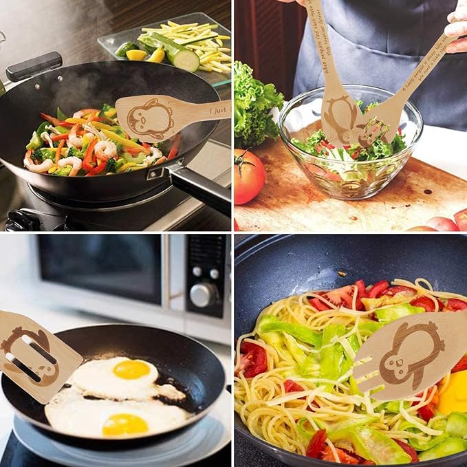 5PCS Penguin Wooden Cooking Spoons Set Bamboo Cooking Spoons | Penguin Kitchen Decor Housewarming Wedding Anniversary Thanksgiving Christmas for Mom Women Animal Lovers