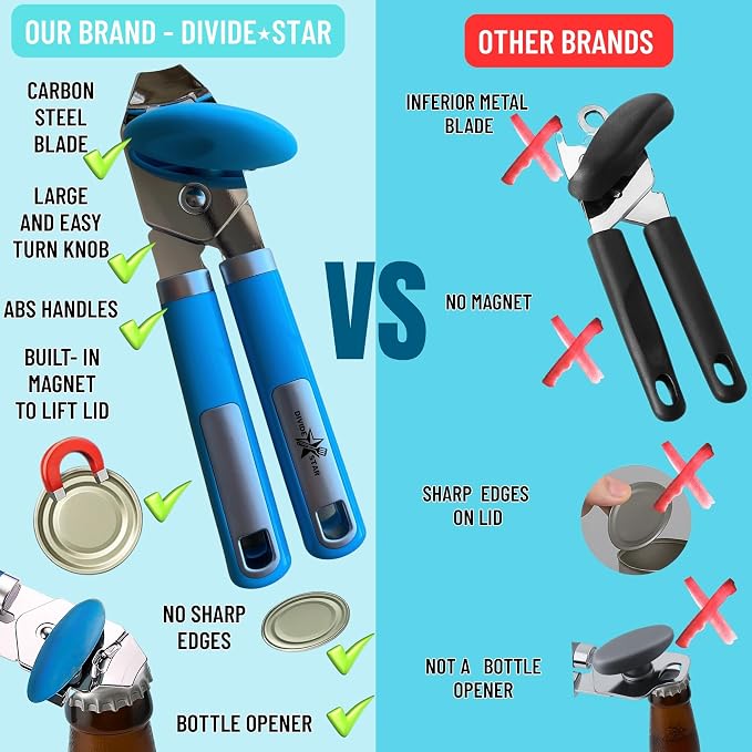 Manual Can Opener for Seniors, Blue | Easy-Turn Knob, Cleaner Edge Cutting, Magnetic Lid Lifter, Heavy-Duty Carbon Steel Blade, Ergonomic Comfort Grip