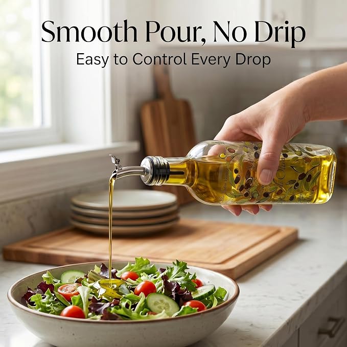 Topadorn 2-Pack Glass Olive Oil Dispenser Bottles – 17oz Cruet Set with Stainless Steel Spout, Leak-Resistant Oil & Vinegar Pourer, Food-Safe Kitchen Storage Set