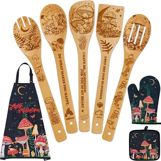 Mushroom Kitchen Decor Bamboo Cooking Spoon with Apron Oven Mitt Pot Holder Utensil Set -Mushroom Kitchen Accessories,Home Decorations Gifts for Women-Housewarming,Easter,Birthday Gift,8PCS
