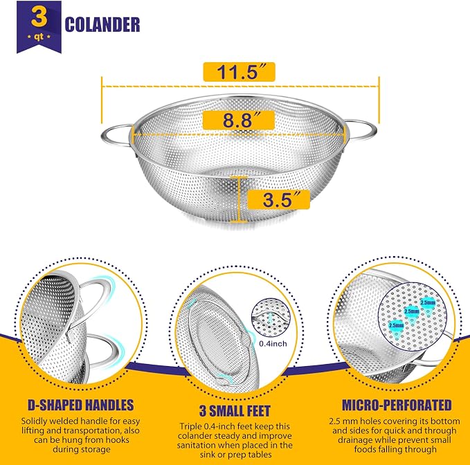 E-far Stainless Steel Colander, 3-Quart Micro-Perforated Metal Colander Strainer with Handle for Kitchen/Draining Pasta/Rinsing Vegetables Fruits, Heavy Duty & Dishwasher Safe - 8.8 Inches