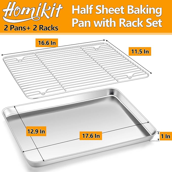 Homikit Baking Half Sheet with Wire Cooling Rack Set (2 Pans+2 Racks) | 18x13 Inch Stainless Steel Cookie Sheets & Cooling Racks, Large Metal Bacon Crisp Trays, Oven & Dishwasher Safe, Non Toxic