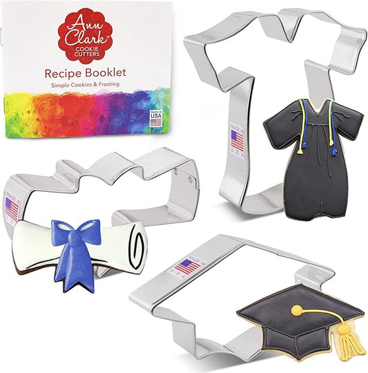 Ann Clark Graduation Cookie Cutters 3-Pc. Set, Made in the USA, Graduation Cap, Diploma, Gown