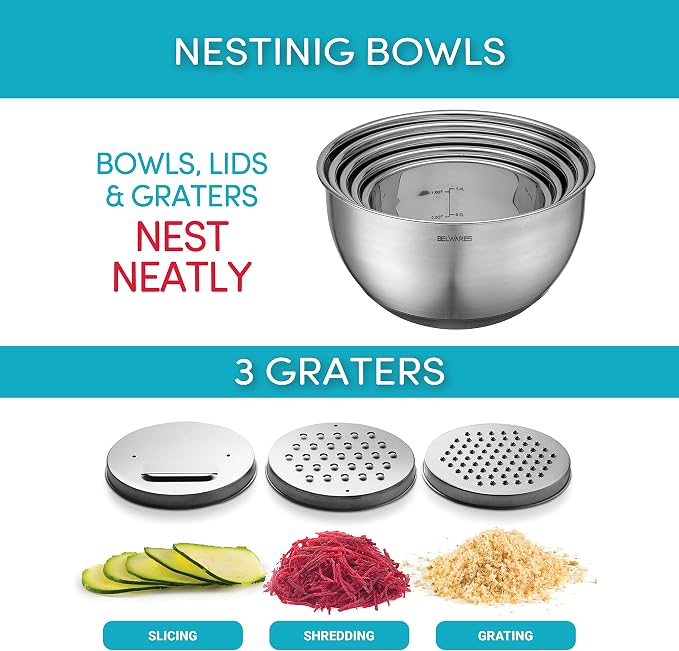 Belwares Mixing Bowls with Lids Set of 5 - Stainless Steel Mixing Bowl Set, Nesting Metal Bowls with Non Slip Bottoms + 3 Grater Attachments, Airtight Lids for Baking, Food Prep + Storage, Black