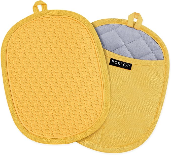 RORECAY 2-Pack Silicone Pot Holders for Kitchen, Hotpad with Pocket, Yellow | Heat Resistant up to 500°F, Quilted Cotton Potholders, Non-Slip & Waterproof Trivets for Hot Pots, Pans, and Countertops