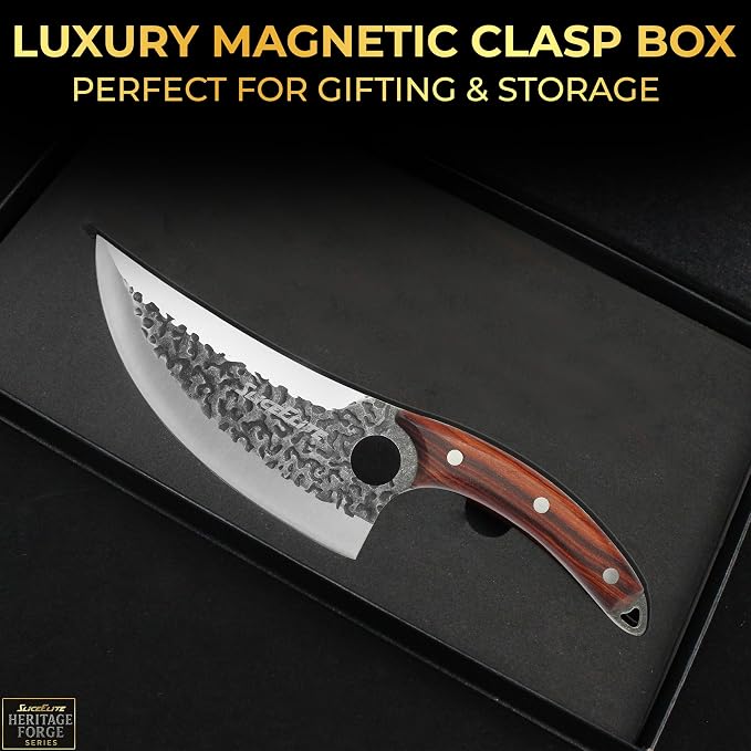 SliceElite Heritage Forge Series Viking Knife Meat Cutting Boning Knife Slicing BBQ Kitchen Knife Full Tang Sandalwood Handle Hammered Pattern Forged Steel Gift Box