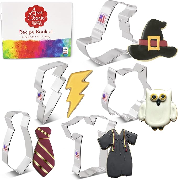 Ann Clark Witchcraft and Wizardry Cookie Cutters 5-Pc. Set (Owl, Lightning Bolt, Witch's Hat, Robe, and Scarf) Made in USA