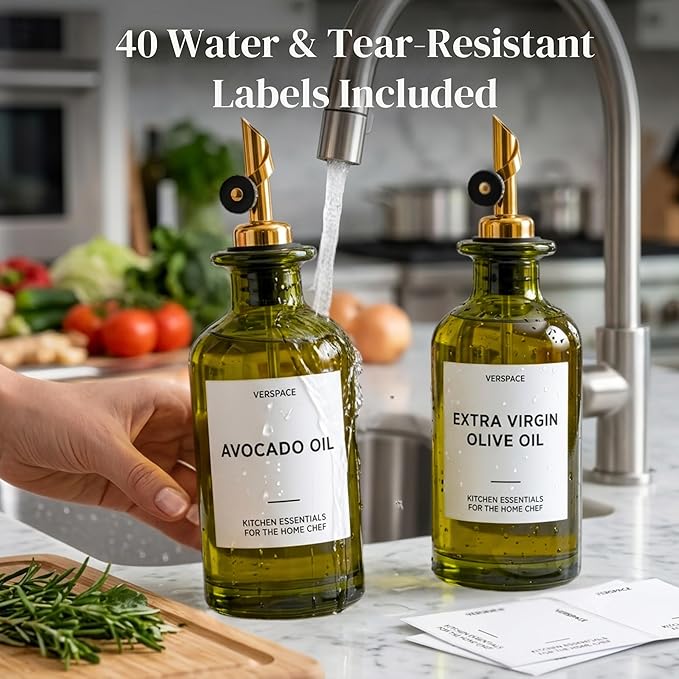 Verspace UV-Protected Green Glass Olive Oil Dispenser Bottles For Kitchen - 2 Pack - 12oz Includes 40 Kitchen Essential Labels, Avocado Oil Dispenser Set, Modern Decor for Home, Airbnb, Cafe