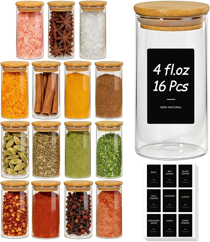 ComSaf Glass Spice Jars 4oz 16 Pack, Small Seasoning Containers with labels | Round Spice Jars with 54 Labels, Kitchen, Spice Rack Organization, Loose Tea, Herbs, Powders, Salt,Chili, Dry Goods, BPA Free