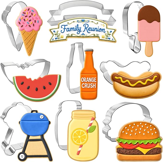 BBQ Grill Cookout Party Cookie Cutter 9 Piece Set from The Cookie Cutter Shop - BBQ Grill, Hamburger, Hot Dog, Mason Jar, Watermelon Cookie Cutters – Tin Plated Steel Cookie Cutters