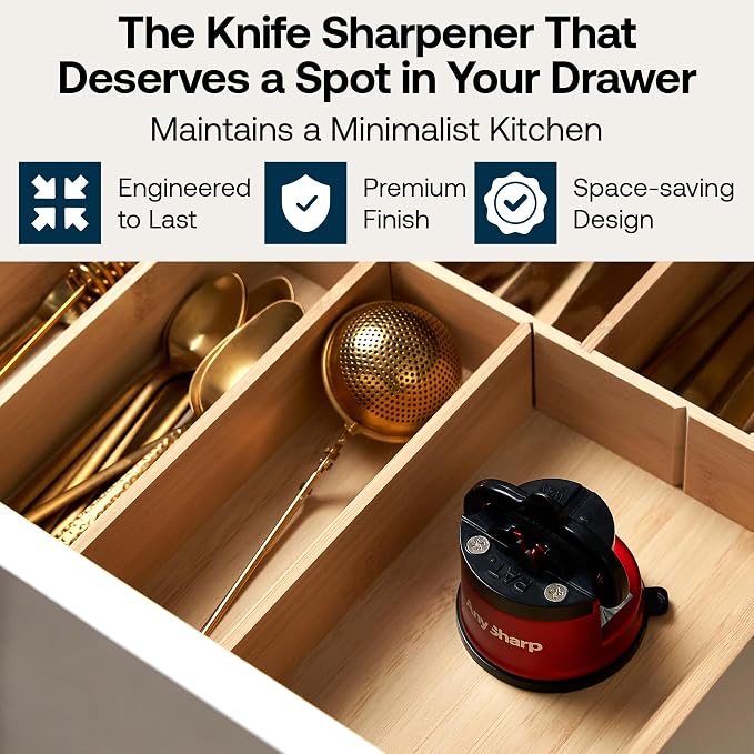 AnySharp – Pro – Hands Free Knife Sharpener - Easy to Use Sharpening Tool with PowerGrip Suction Base and 20-Degree Pre-Set Angle - for All Knives: Chef's, Serrated, and Hardened Steel - Matte Red