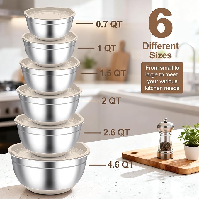 TeamFar Khaki Mixing Bowls, 6-Piece Stainless Steel Nesting Salad Bowls with Lid Set for Prepping Baking, Non-Toxic & Stackable, Air-Tight Lid & Non Slip Bottom, 4.6/2.6/2/1.5/1 / 0.7 QT