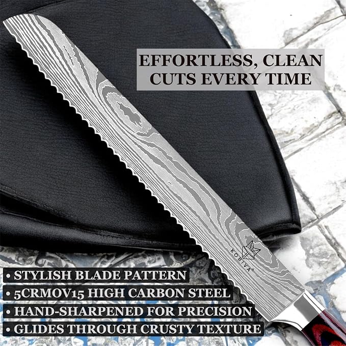 Premium 10-inch Serrated Bread Knife | Razor Sharp Cutter for Homemade Bread, Sourdough & Cake | Elegant Kitchen Essential for Effortless Slicing, Damascus Steel Lasered Pattern | Kitchen Gifts | Ultra-sharp serrated edge for sourdough, bagels, cakes. ...