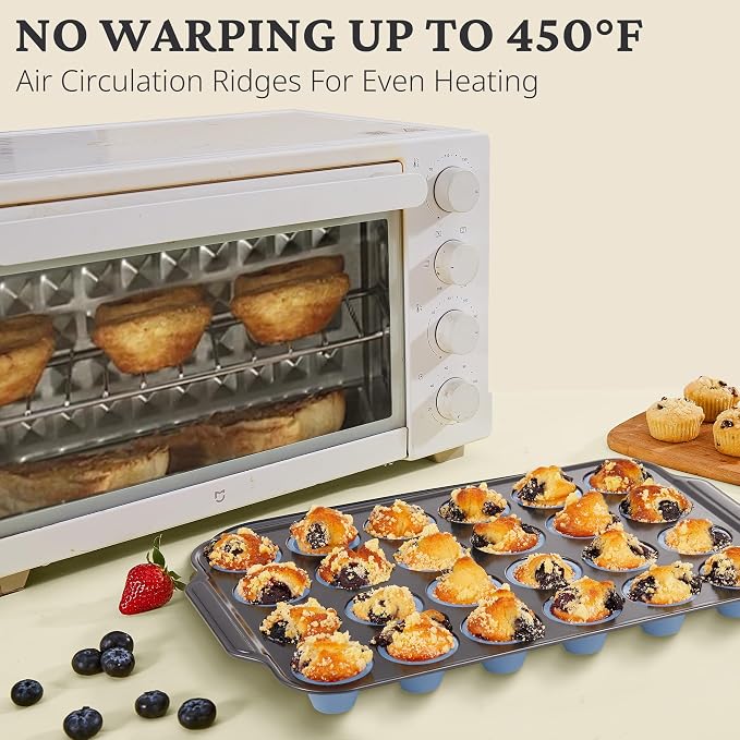 BRONYPRO 2-Pack 12 Cup and Mini 24 Cup Silicone Muffin Pans for Baking with Metal Frame, Egg Bite Molds, Muffin Tins Easy to Pop Nonstick Non Toxic Bakeware for Oven,Blue