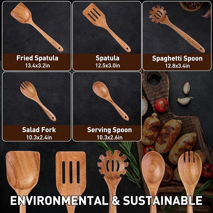 Wooden Kitchen Utensil Set - Natural Solid Wood Spoons, Non-Toxic, Heat Resistant, Non-Scratch and Easy to Clean (A05)