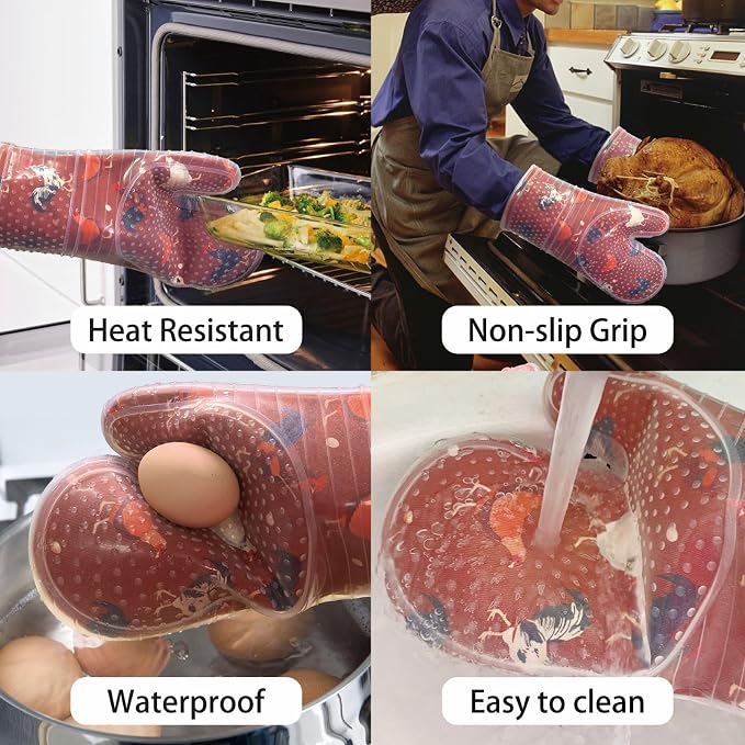 Oven Mitts Set of 2 with Transparent Clear Silicone Shell and Nice Shell Flower Cotton Lining, Heat Resistant to 500 F Kitchen Oven Gloves Pot Holder for Cooking (Rooster, Oven Mitts)