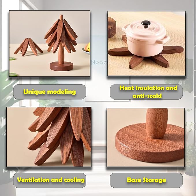 Wooden Cup Coaster Set,Christmas Tree Shape Trivet Set,4 Wooden Trivets and 1 Stand for Hot Pots and Pans Collapsible Coasters Heat Resistant Pads for Kitchen Counter (Sapele)