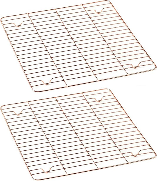 2 Pack Rose Gold Cooling Racks for Baking - 11x11 Inch Square Stainless Steel Wire Rack for Cookies, Cake, Meat - Oven Safe Kitchen Cooling Grid