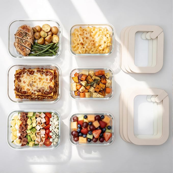 Glass Food Storage Containers with Glass Lids, Microwave Safe Food Container Set, Aitight Meal Prep Container Set, LeakProof, 100% Plastic Free, 6 Pack