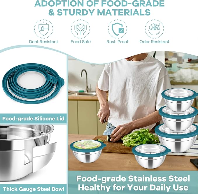 TeamFar Mixing Bowls Set, Stainless Steel Salad Bowl with Lids, Dark Blue | 4.5/3/1.5/1/0.7 QT, Metal Nesting Bowls with Visible Airtight Lids, For Serving/ Mixing/ Storing, Dishwasher Safe, Set of 5