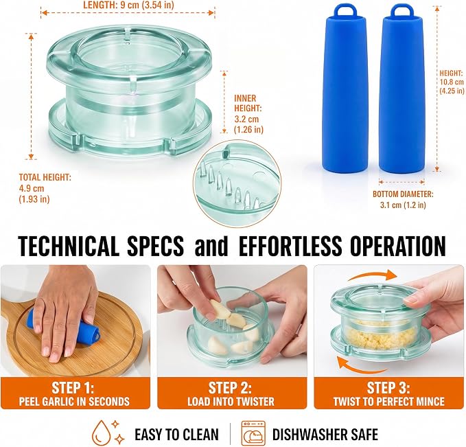 Li&Zhao Effortless Twist-to-Mince Garlic Crusher-Manual Garlic Twister Quick Rotary Action for Garlic Ginger Chili, Includes 2 Silicone Peelers, Easy Use Dishwasher Safe (Light Green)