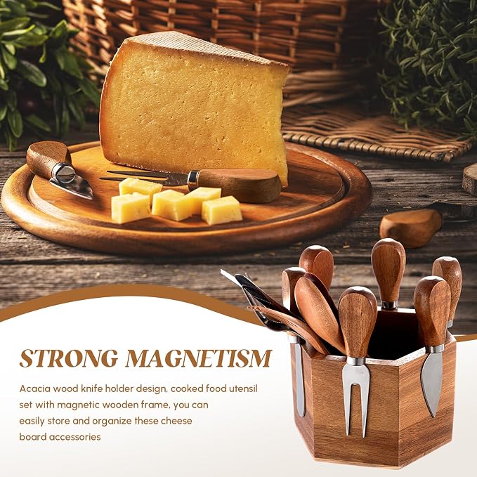Hushee 6 Pcs Cheese Knives with Holder Charcuterie Serving Knife Set with Magnetic Wooden Box Mini Steel Stainless Cheese Knife Spreader Slicer Fork Set for Charcuterie Board