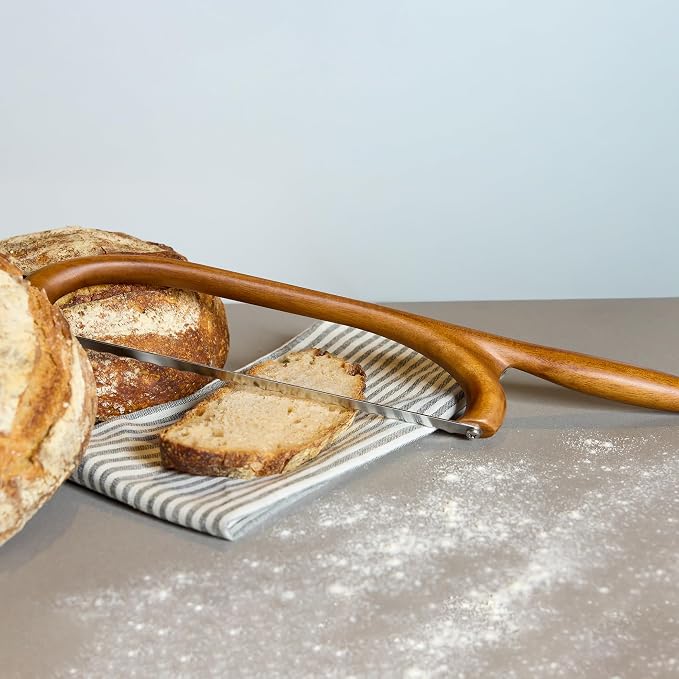 Nambé x Tom Papa Breaking Bread Serrated Knife, Handcrafted Stainless Steel Blade with Acacia Wood Handle - Long 17" Bread Cutting Knife with Protective Sleeve for Baking & Serving