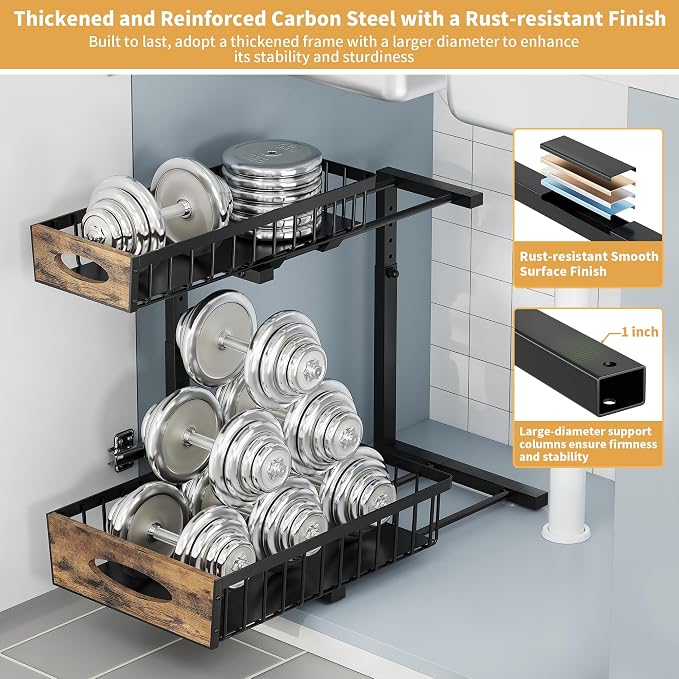 2 Pack Metal Under Sink Organizer with Sliding Drawer, Black | Anti-rust Carbon Steel, L-Shaped, Adjustable Height, Pull-out, Stable 80lb Load-bearing Capacity for Kitchen,Bathroom, Pantry
