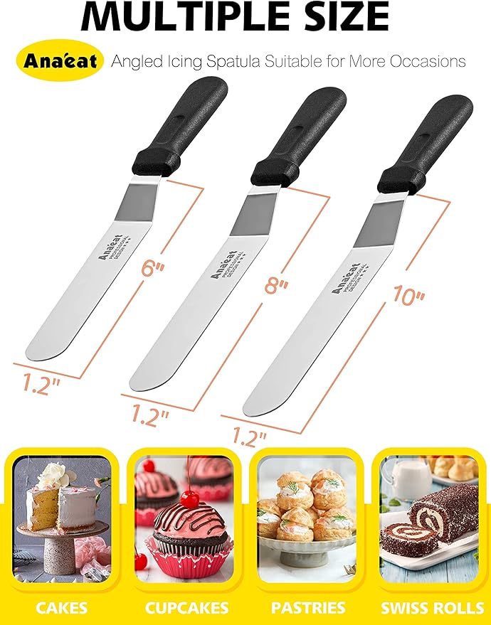Anaeat 6", 8", 10" Professional Stainless Steel Icing Spatulas Set of 3 & Anaeat 2 Pack Heat Resistant Silicone Basting Pastry Brushes