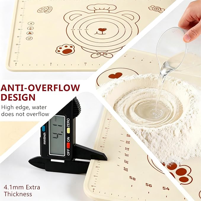 Silicone Baking Pastry Dough Mat - 25"x16" Extra Thick Dough Rolling Matt with Measurement, NonStick Kitchen Counter Kneading Pad Raised Edge, Reusable Heat Resistant for Bread Pizza Fondant Pie Crust