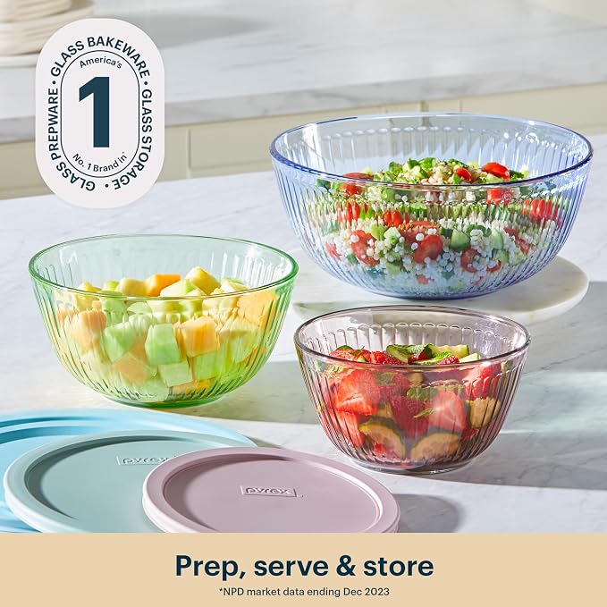 Pyrex Colors (3-Pack) Sculpted Tinted Glass Mixing Bowls with Plastic Lids