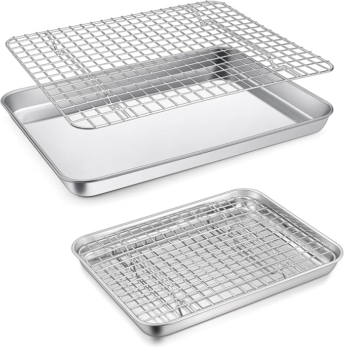 P&P CHEF 12.5+9 Inch Toaster Oven Pan Tray with Wire Rack, 4 PCS | Baking Sheet Pan + Cooling Rack for Cooking/Roasting, Dishwasher Safe & Rust Free, Non-toxic & Sturdy