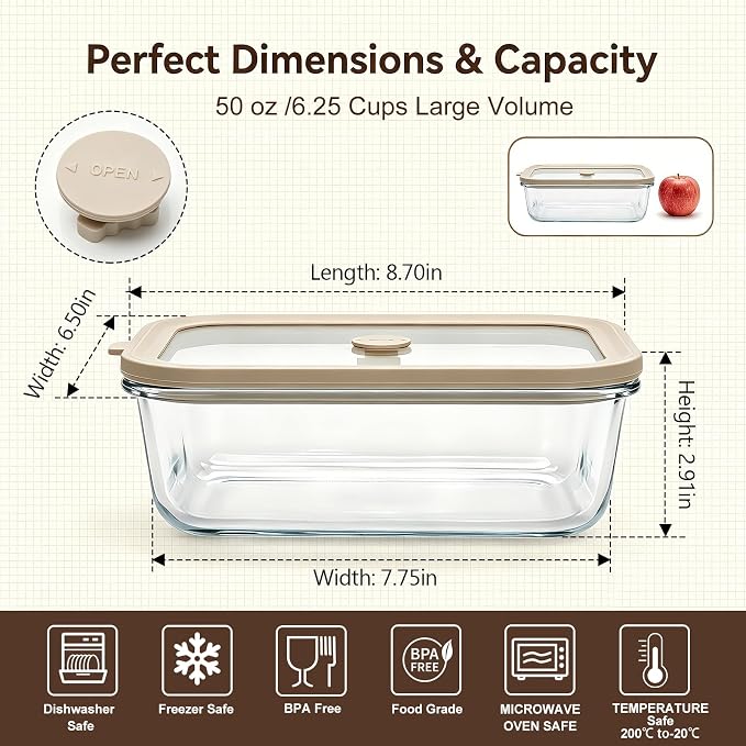 50 oz Glass Food Storage Containers with Glass Lids, 2 Pack | Non Toxic Meal Prep Containers, Airtight Glass Lunch Containers for Fruits, Vegetables, Microwave, Dishwasher