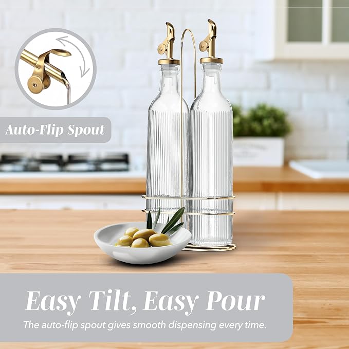 COOK WITH COLOR Glass Olive Oil Dispenser Bottle - 2 Pack, 17 oz Cruet - Elegant Carafe Decanter with Spout for Kitchen, Suitable for Vinegar, Coffee Syrups & Other Liquids