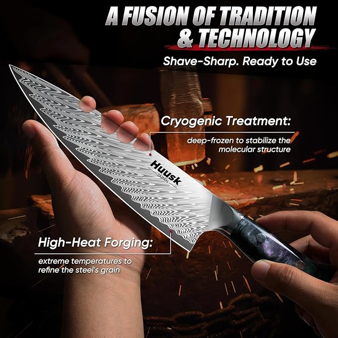 Huusk Japanese Chef Knife, 8" Stainless Kitchen Knife with Ergonomic Resin Handle & Sheath, Sharp Kitchen Knives Full Tang, Japanese High Carbon Steel Cooking Knifes, Fathers' Day Gift Idea for Dad